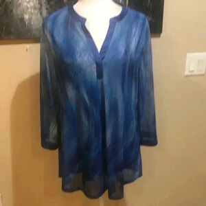 Timeson Shades of  Blue V-neck Flowy Tunic Top Blouse Sheer Fabric Satiny Trim-L